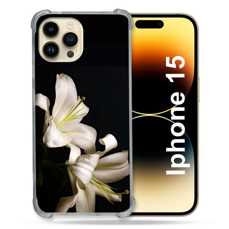Coque Renforcée En Verre Trempé Pour Iphone 15 (6.1) Fleur Lys Noir
