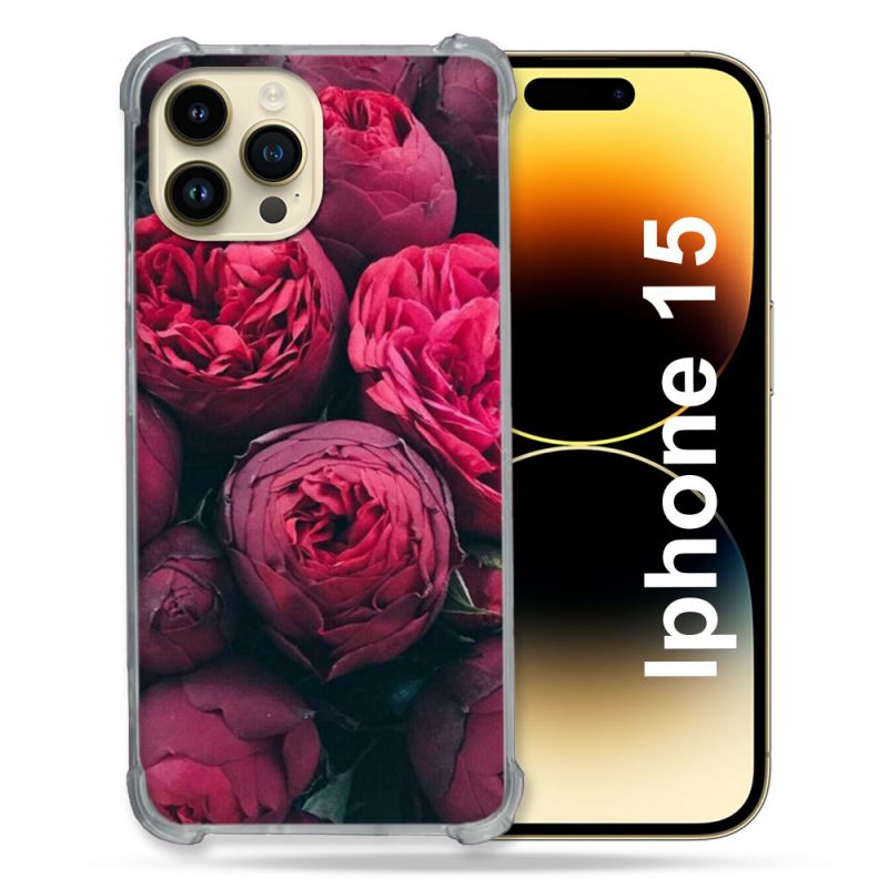 Coque Renforcée En Verre Trempé Pour Iphone 15 (6.1) Fleur Pivoine