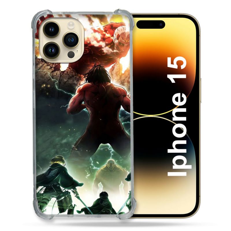 Coque Renforcée En Verre Trempé Pour Iphone 15 (6.1) Manga Attaque Titans Combat
