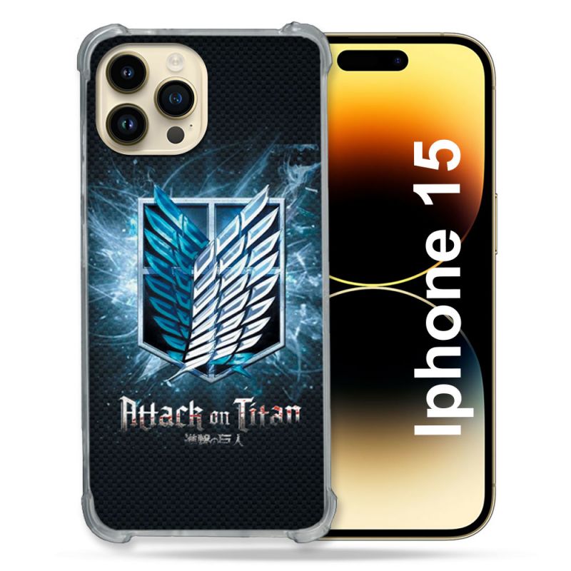 Coque Renforcée En Verre Trempé Pour Iphone 15 (6.1) Manga Attaque Titans Noir