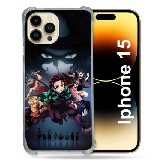 Coque Renforcée En Verre Trempé Pour Iphone 15 (6.1) Manga Demon Slayer Noir