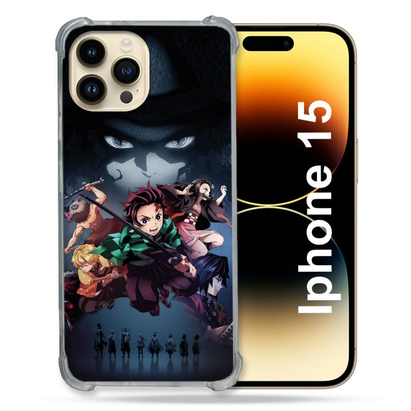 Coque Renforcée En Verre Trempé Pour Iphone 15 (6.1) Manga Demon Slayer Noir