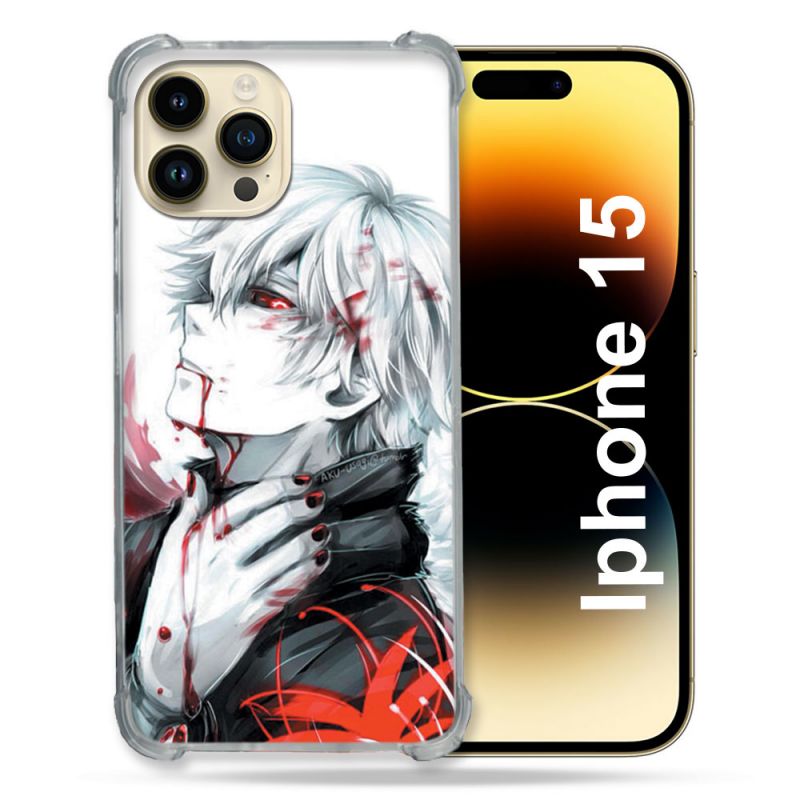 Coque Renforcée En Verre Trempé Pour Iphone 15 (6.1) Manga Tokyo Ghoul Kaneki Blanc