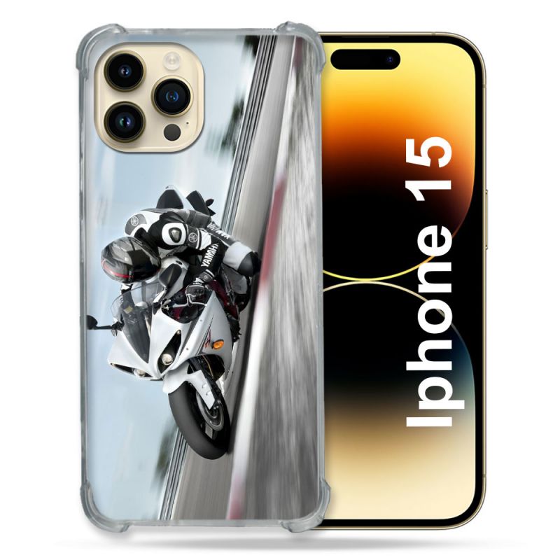 Coque Renforcée En Verre Trempé Pour Iphone 15 (6.1) Moto Course GP Blanche