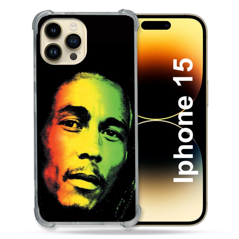 Coque Renforcée En Verre Trempé Pour Iphone 15 (6.1) Musique Bob Marley 2
