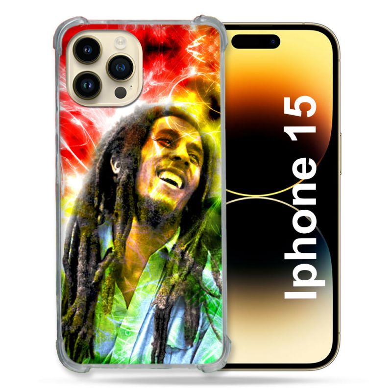 Coque Renforcée En Verre Trempé Pour Iphone 15 (6.1) Musique Bob Marley Color