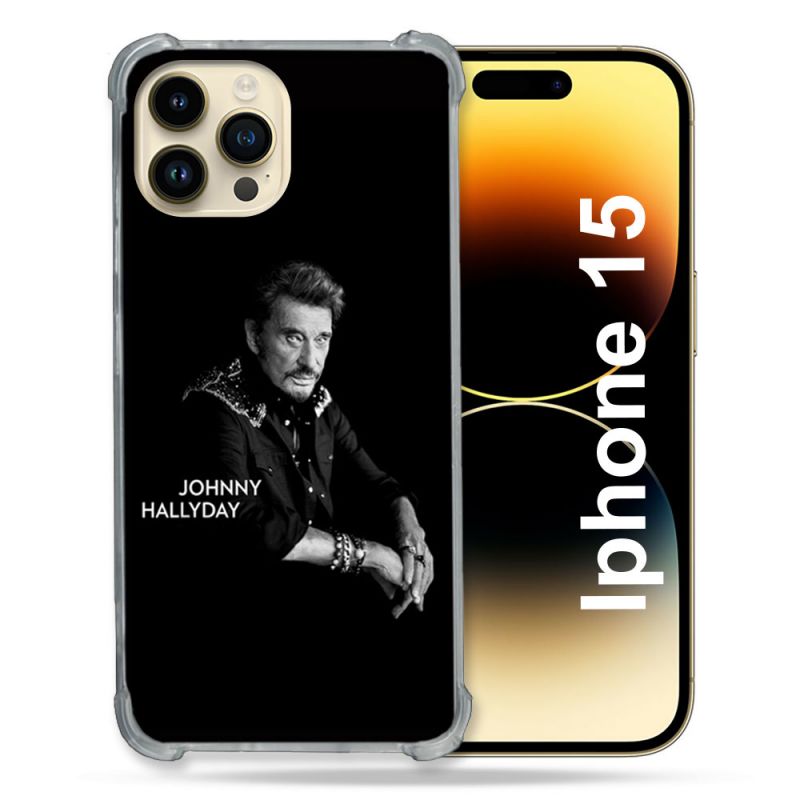Coque Renforcée En Verre Trempé Pour Iphone 15 (6.1) Musique Johnny Hallyday Noir
