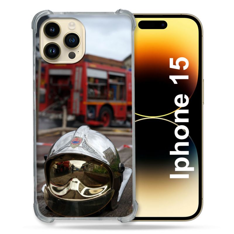 Coque Renforcée En Verre Trempé Pour Iphone 15 (6.1) Pompier Casque Camion