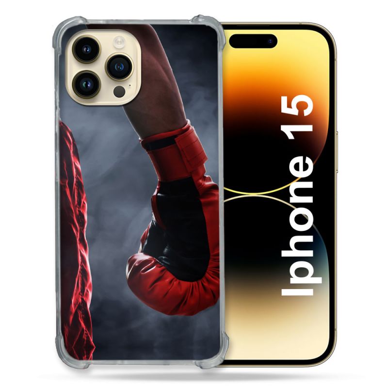 Coque Renforcée En Verre Trempé Pour Iphone 15 (6.1) Sport Boxe Gant Rouge