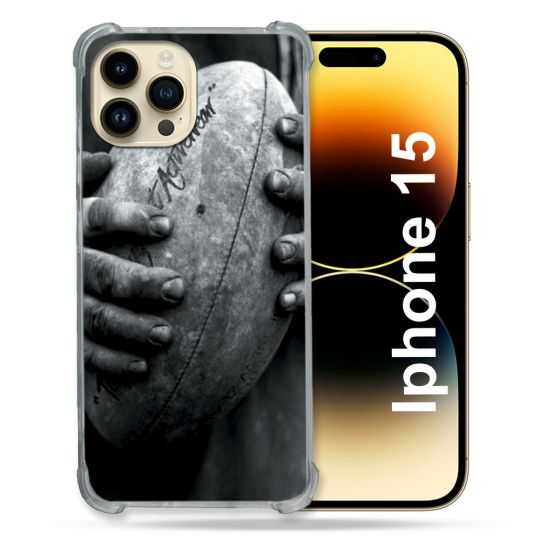 Coque Renforcée En Verre Trempé Pour Iphone 15 (6.1) Sport Rugby Ballon Vintage