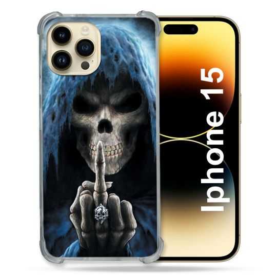 Coque Renforcée En Verre Trempé Pour Iphone 15 (6.1) Tete de Mort Doigt