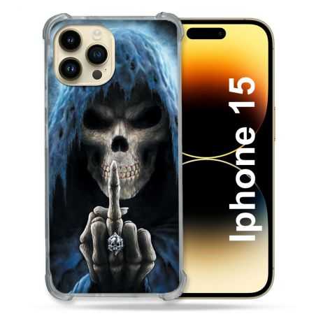 Coque Renforcée En Verre Trempé Pour Iphone 15 (6.1) Tete de Mort Doigt