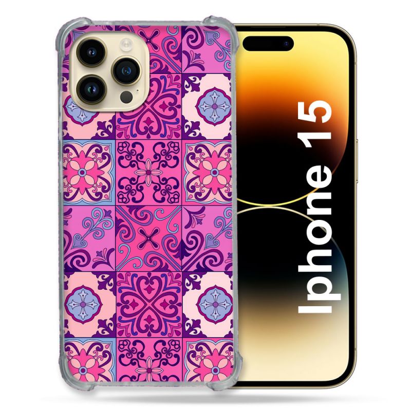 Coque Renforcée En Verre Trempé Pour Iphone 15 (6.1) Texture Carreau Ciment Violet