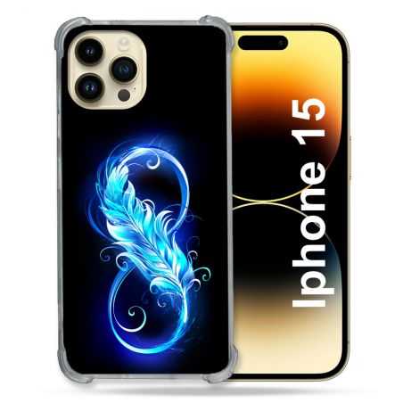 Coque Renforcée En Verre Trempé Pour Iphone 15 (6.1) Texture Plume Infini Bleu