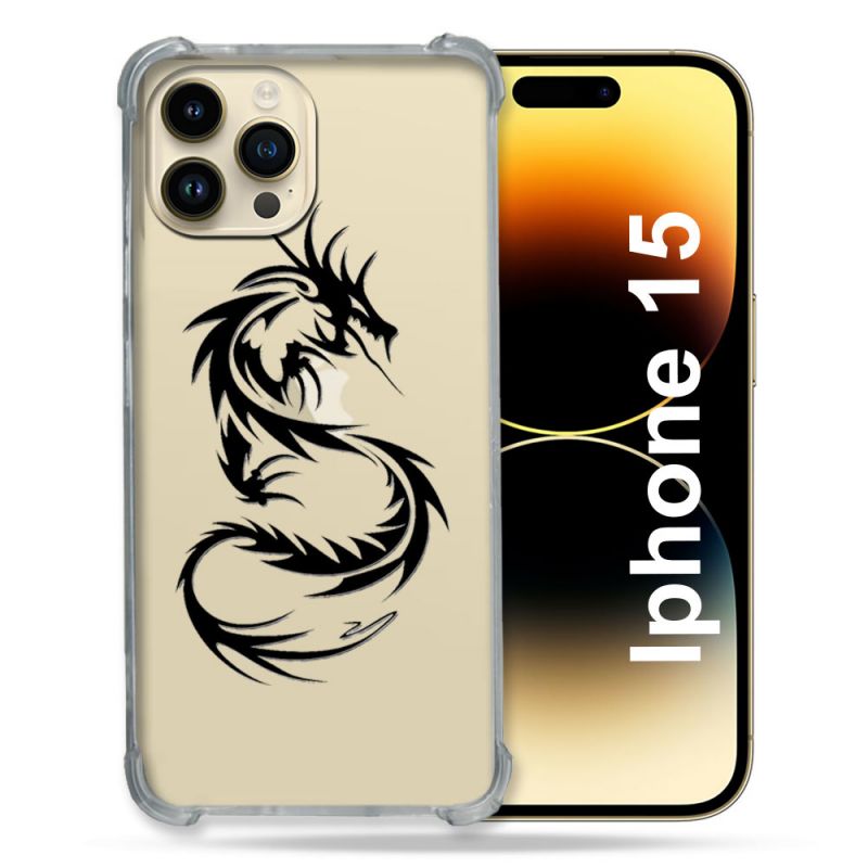 Coque Renforcée En Verre Trempé Transparente Pour Iphone 15 (6.1) Dragon Noir