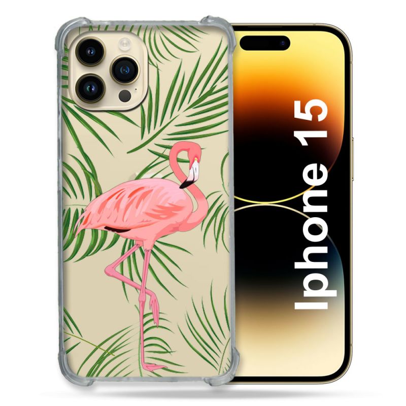 Coque Renforcée En Verre Trempé Transparente Pour Iphone 15 (6.1) Flamant Rose
