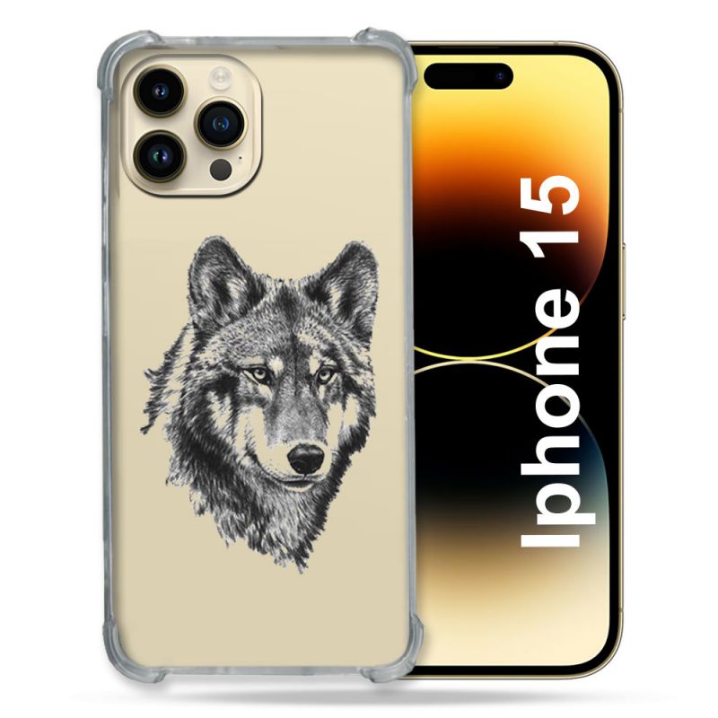 Coque Renforcée En Verre Trempé Transparente Pour Iphone 15 (6.1) Loup
