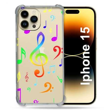 Coque Renforcée En Verre Trempé Transparente Pour Iphone 15 (6.1) Note Musique Colore