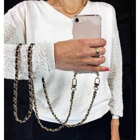 Coque Renforcée En Verre Trempé Transparente Pour Iphone 15 (6.1) Lanière / Cordon Chaine suspendue Noir