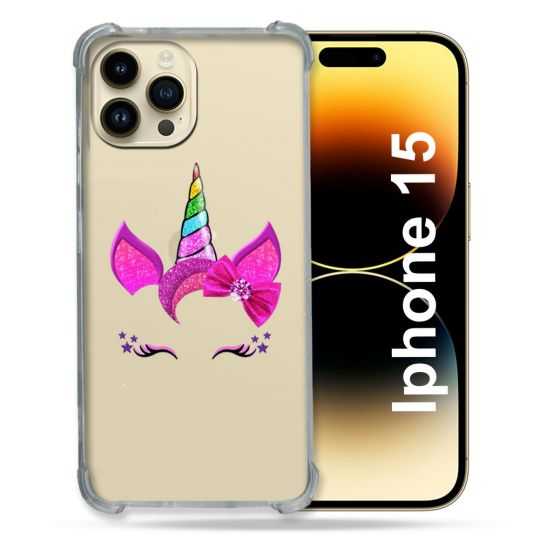 Coque Renforcée En Verre Trempé Transparente Pour Iphone 15 (6.1) Licorne Paillette