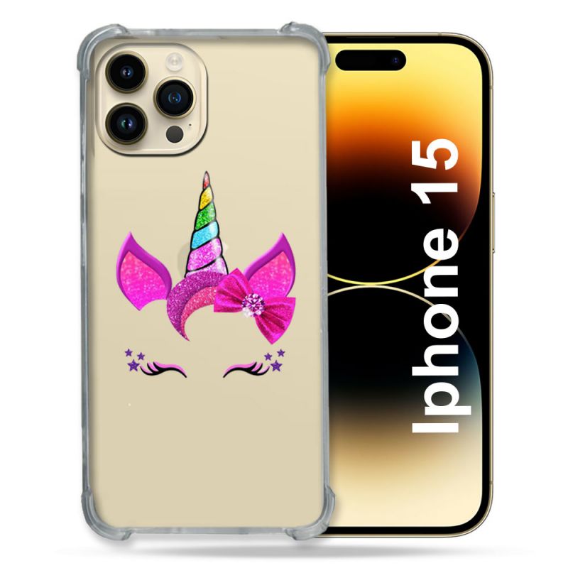 Coque Renforcée En Verre Trempé Transparente Pour Iphone 15 (6.1) Licorne Paillette