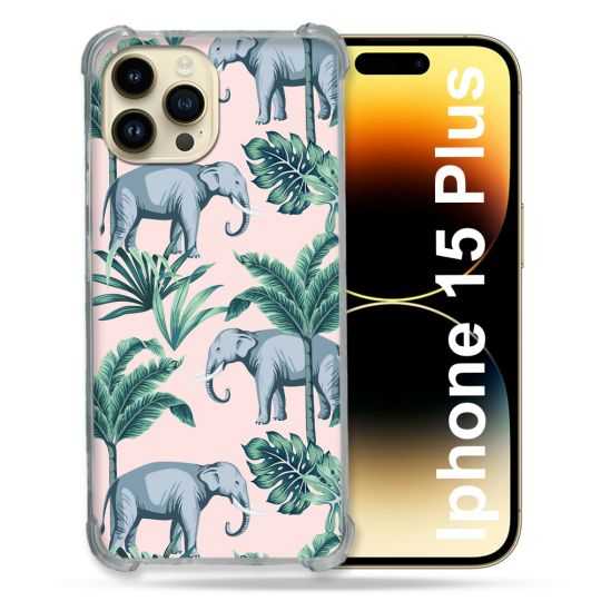 Coque Renforcée En Verre Trempé Pour Iphone 15 Plus (6.7) Animal Elephant Pattern