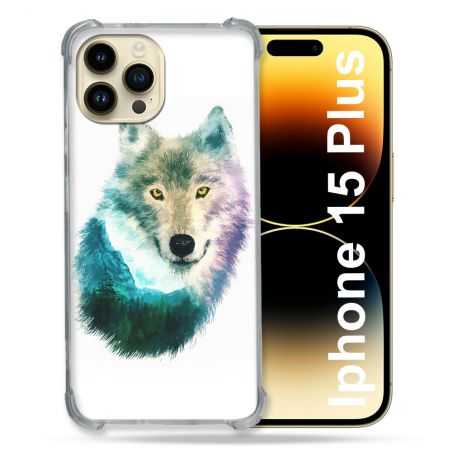 Coque Renforcée En Verre Trempé Pour Iphone 15 Plus (6.7) Animal Loup Montagne