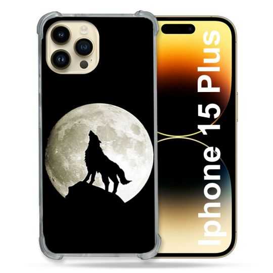 Coque Renforcée En Verre Trempé Pour Iphone 15 Plus (6.7) Animal Loup Noir