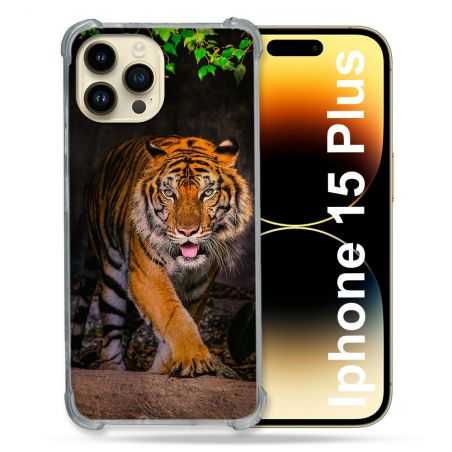 Coque Renforcée En Verre Trempé Pour Iphone 15 Plus (6.7) Animal Tigre Jungle