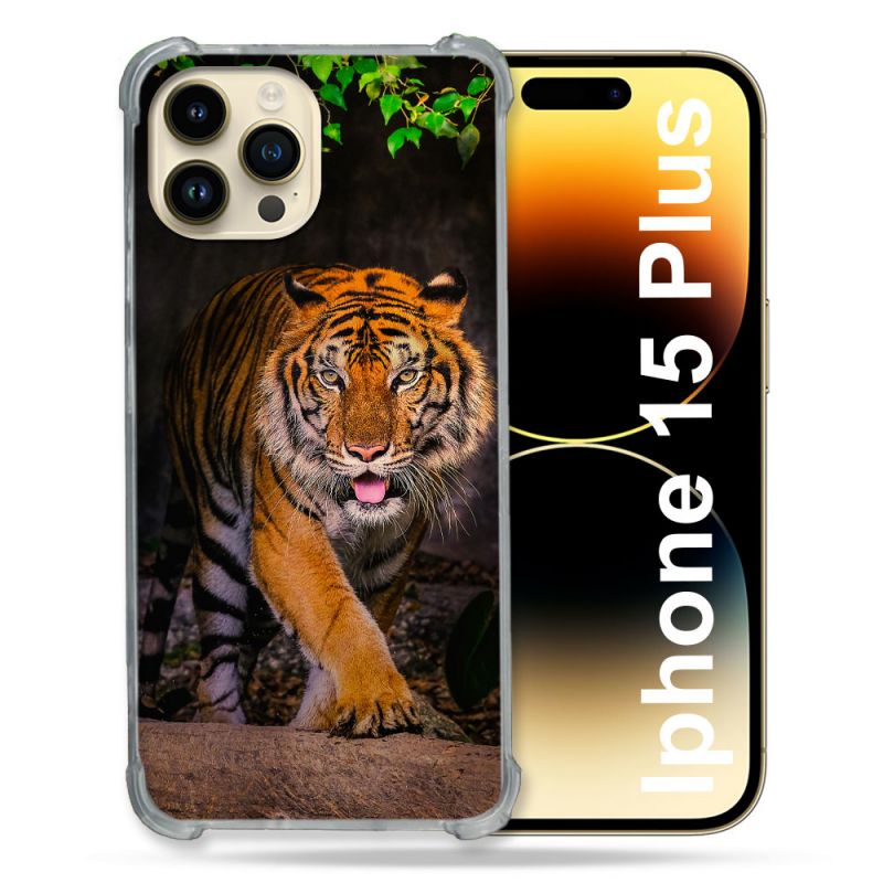 Coque Renforcée En Verre Trempé Pour Iphone 15 Plus (6.7) Animal Tigre Jungle