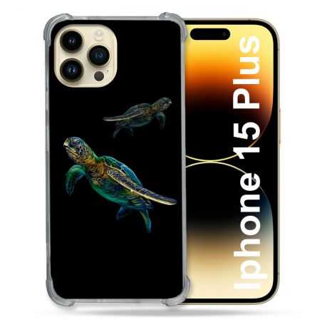 Coque Renforcée En Verre Trempé Pour Iphone 15 Plus (6.7) Animal Tortue Noire multicolore