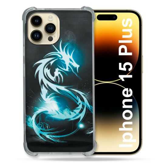 Coque Renforcée En Verre Trempé Pour Iphone 15 Plus (6.7) Fantastique Dragon Bleu