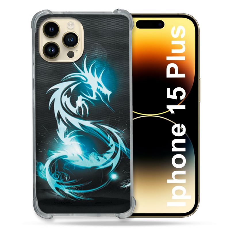 Coque Renforcée En Verre Trempé Pour Iphone 15 Plus (6.7) Fantastique Dragon Bleu