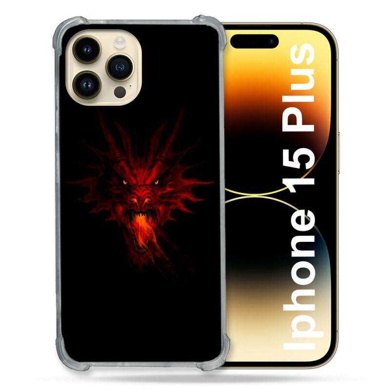 Coque Renforcée En Verre Trempé Pour Iphone 15 Plus (6.7) Fantastique Dragon Feu