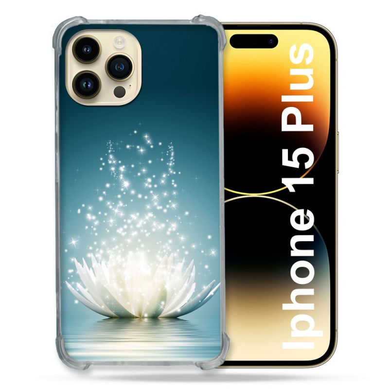 Coque Renforcée En Verre Trempé Pour Iphone 15 Plus (6.7) Fleur Lotus Blanc