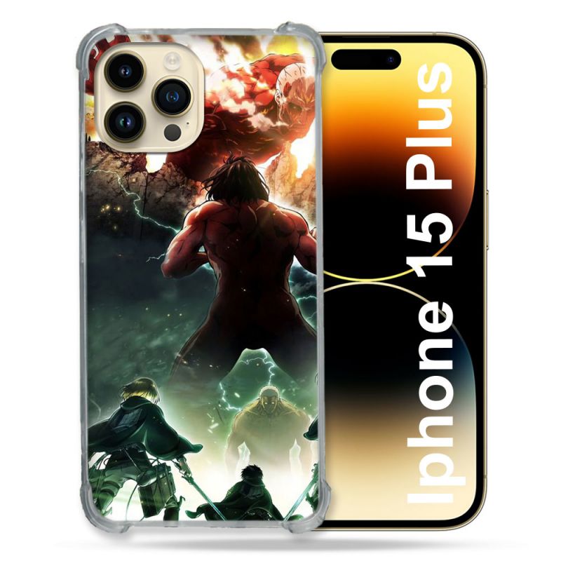 Coque Renforcée En Verre Trempé Pour Iphone 15 Plus (6.7) Manga Attaque Titans Combat