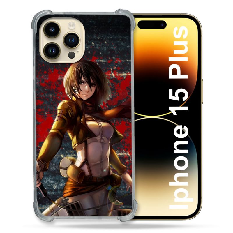 Coque Renforcée En Verre Trempé Pour Iphone 15 Plus (6.7) Manga Attaque Titans Mikasa