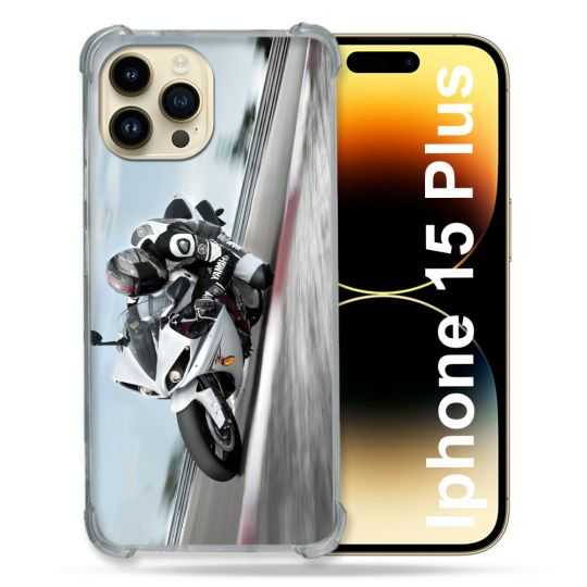 Coque Renforcée En Verre Trempé Pour Iphone 15 Plus (6.7) Moto Course GP Blanche