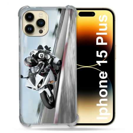 Coque Renforcée En Verre Trempé Pour Iphone 15 Plus (6.7) Moto Course GP Blanche