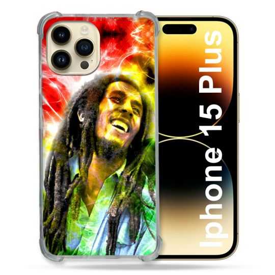 Coque Renforcée En Verre Trempé Pour Iphone 15 Plus (6.7) Musique Bob Marley Color