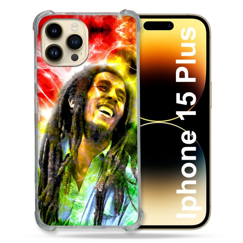 Coque Renforcée En Verre Trempé Pour Iphone 15 Plus (6.7) Musique Bob Marley Color