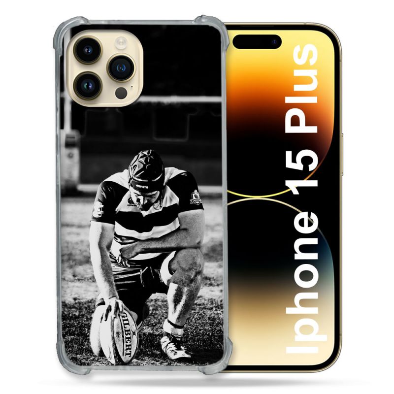 Coque Renforcée En Verre Trempé Pour Iphone 15 Plus (6.7) Sport Rugby Noir Blanc