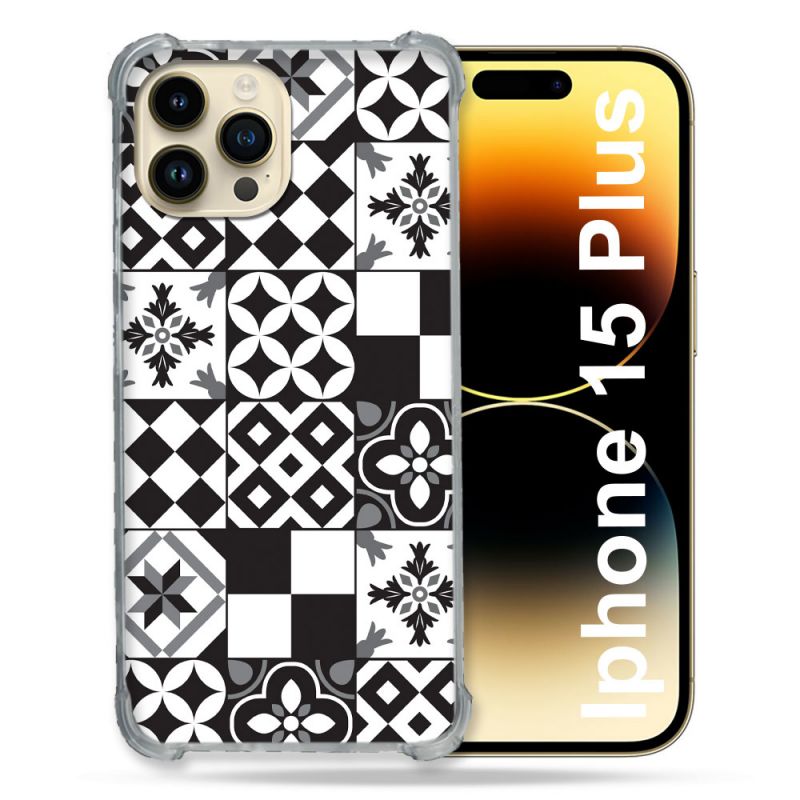 Coque Renforcée En Verre Trempé Pour Iphone 15 Plus (6.7) Texture Carreau Ciment Noir