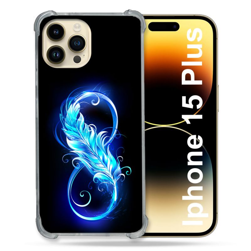 Coque Renforcée En Verre Trempé Pour Iphone 15 Plus (6.7) Texture Plume Infini Bleu