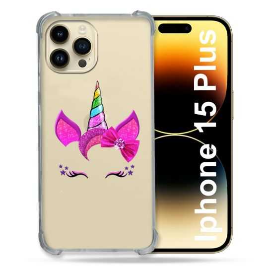 Coque Renforcée En Verre Trempé Transparente Pour Iphone 15 Plus (6.7) Licorne Paillette