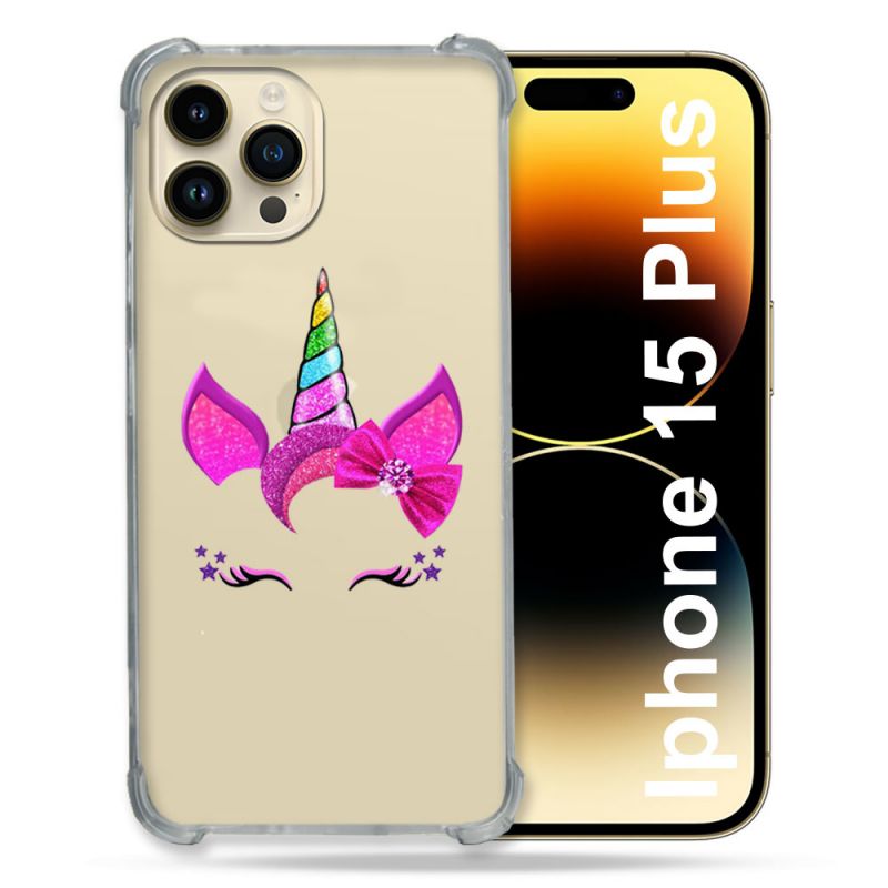 Coque Renforcée En Verre Trempé Transparente Pour Iphone 15 Plus (6.7) Licorne Paillette
