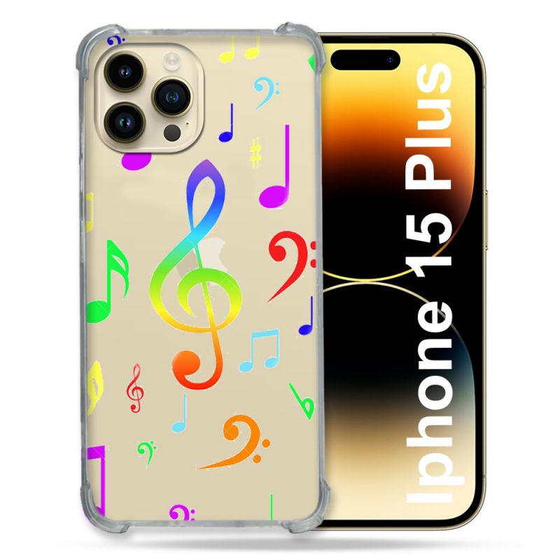 Coque Renforcée En Verre Trempé Transparente Pour Iphone 15 Plus (6.7) Note Musique Colore