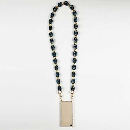 Coque Renforcée En Verre Trempé Transparente Pour Iphone 15 Plus (6.7) Lanière / Cordon Anneaux Bleu et Or