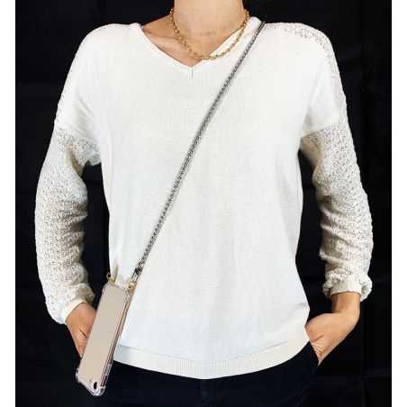 Coque Renforcée En Verre Trempé Transparente Pour Iphone 15 Plus (6.7) Lanière / Cordon Metal Serpent Argent