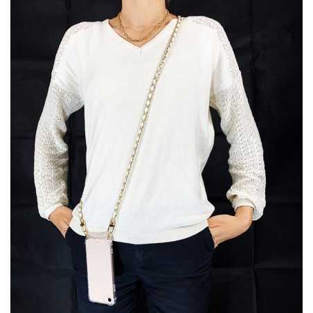 Coque Renforcée En Verre Trempé Transparente Pour Iphone 15 Pro (6.1) Lanière / Cordon Chaine suspendue Blanc